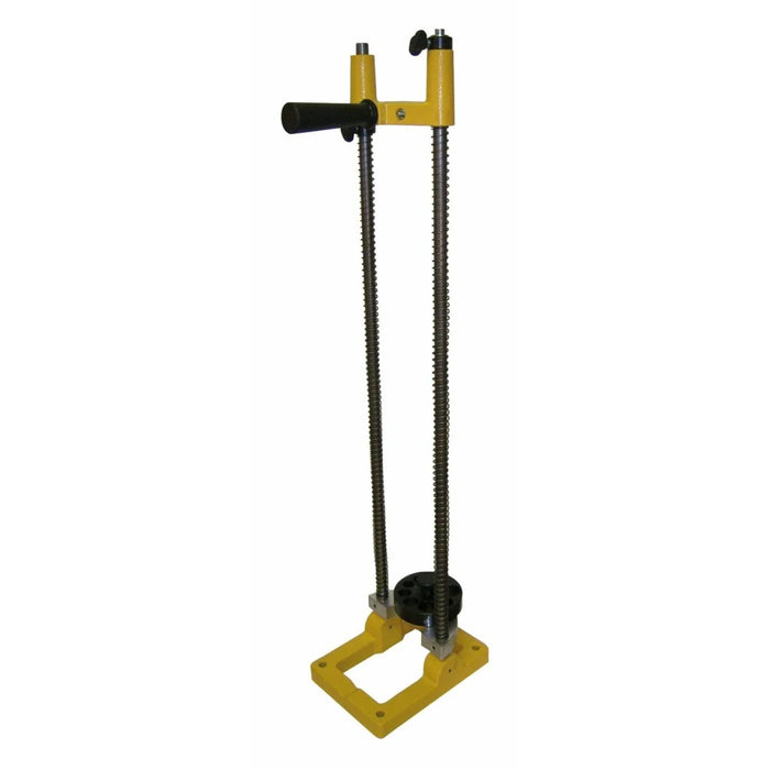 Yellow metal drill stand with adjustable legs on a white background