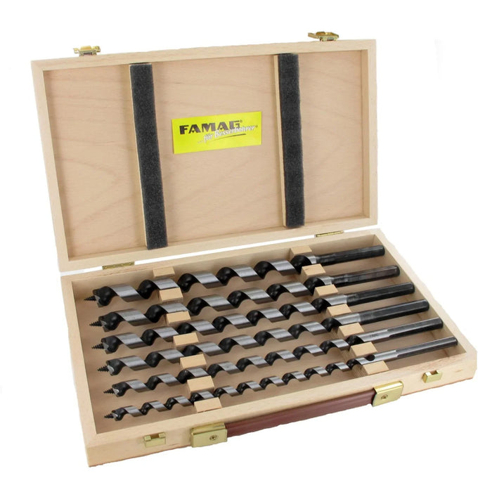 Set of 6 auger bits in a wooden case with FAMAG branding.