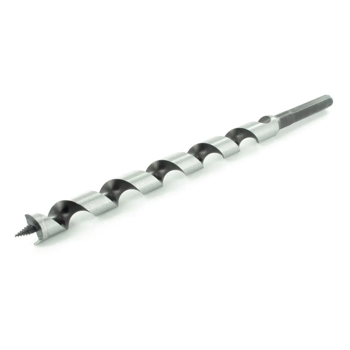 Drill bit with black and silver segments on a white background