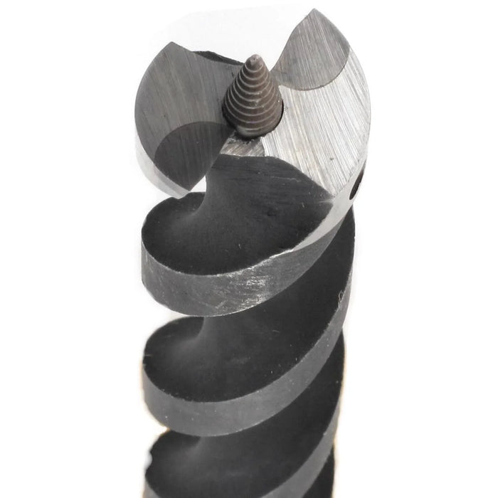 close up of tip of a Metal drill bit on a white background