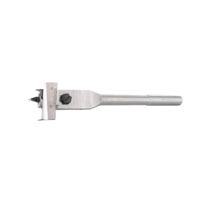 Metal drill bit with a scale on a white background