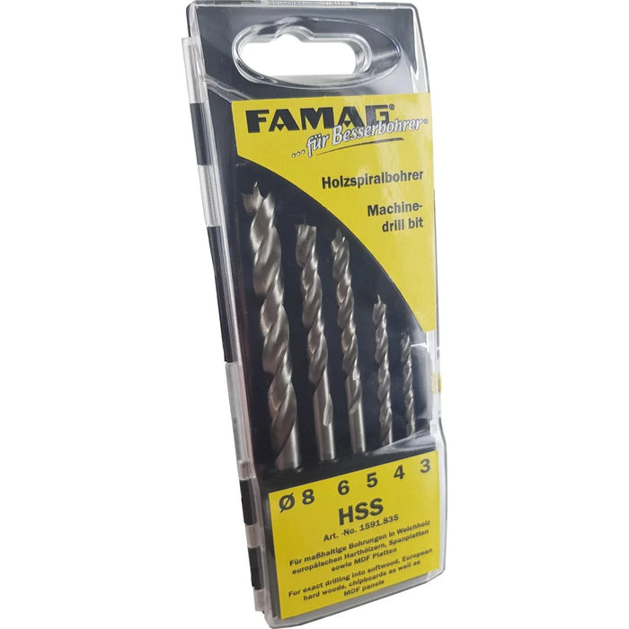 Set of 5 drill bits in a plastic case with FAMAG branding on a white background