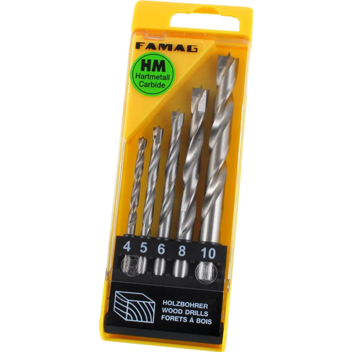 Set of 5 drill bits in a yellow Famag branded plastic case on a white background