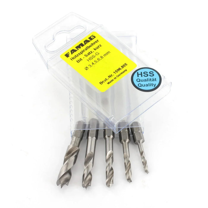 Set of 5 drill bits in clear plastic packaging with a yellow Famag label on a white background