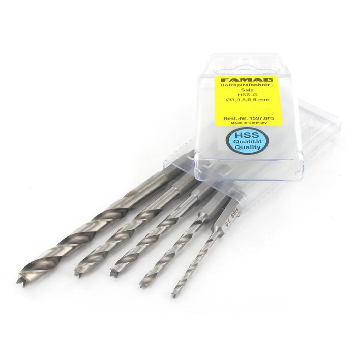 Set of 5 drill bits in a clear plastic case on a white background