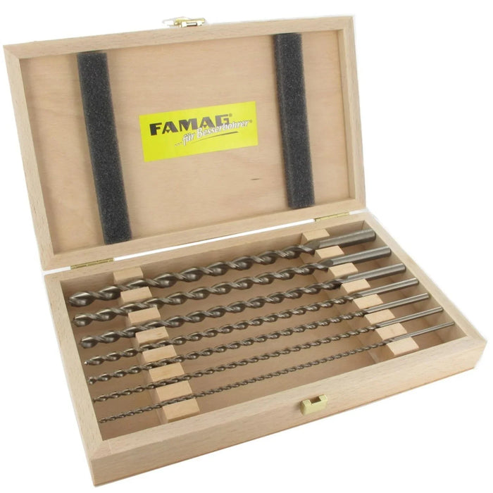 Set of 7 drill bits in a wooden box with FAMAG branding.