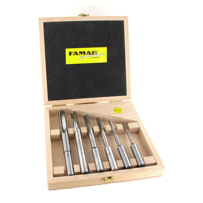 Set of 6 Slot milling drill bits in a wooden box with FAMAG branding on a white background