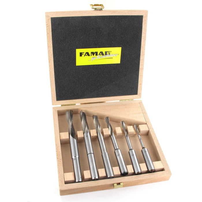 Set of 6 metal slot milling drills bits in a wooden box with FAMAG logo.