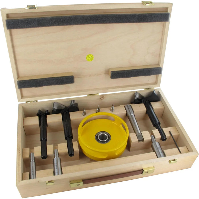 3 countersinks and centre.drills, 3 guides, yellow depth stop and MK2 Fix adapter in wooden case