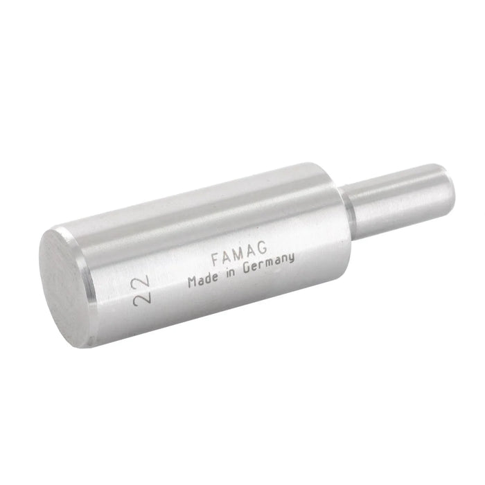 Silver coloured guide pin with 'FAMAG Made in Germany' and 22 text on shaft on a white background