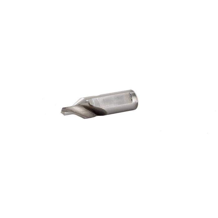 Stubby silver coloured drill bit on a white background