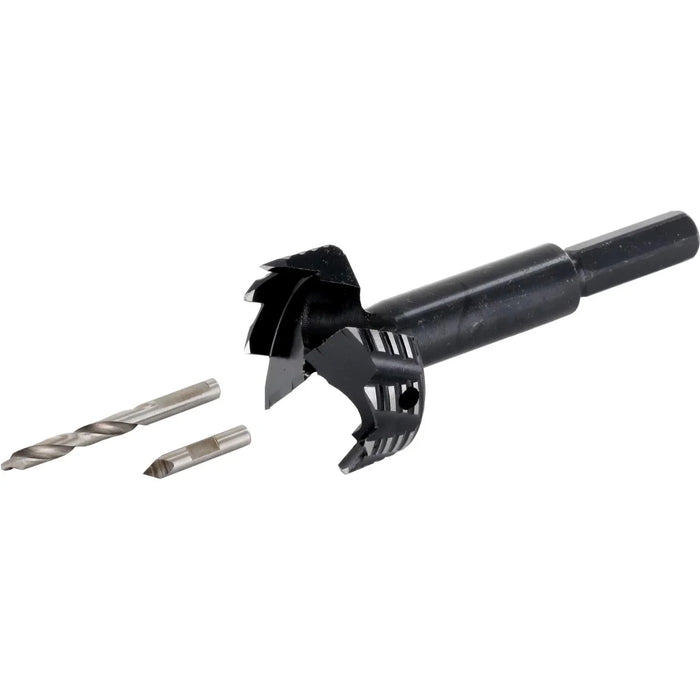 Black drill bit set on a white background