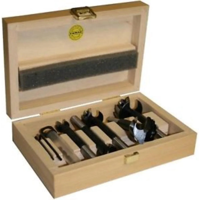 Set of 5 black Bormax WS prima bits in a wooden box on a white background
