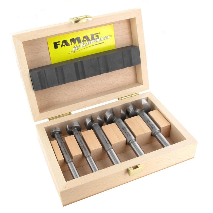 Set of 5 Forstner bits in a wooden box with Famag brand label.