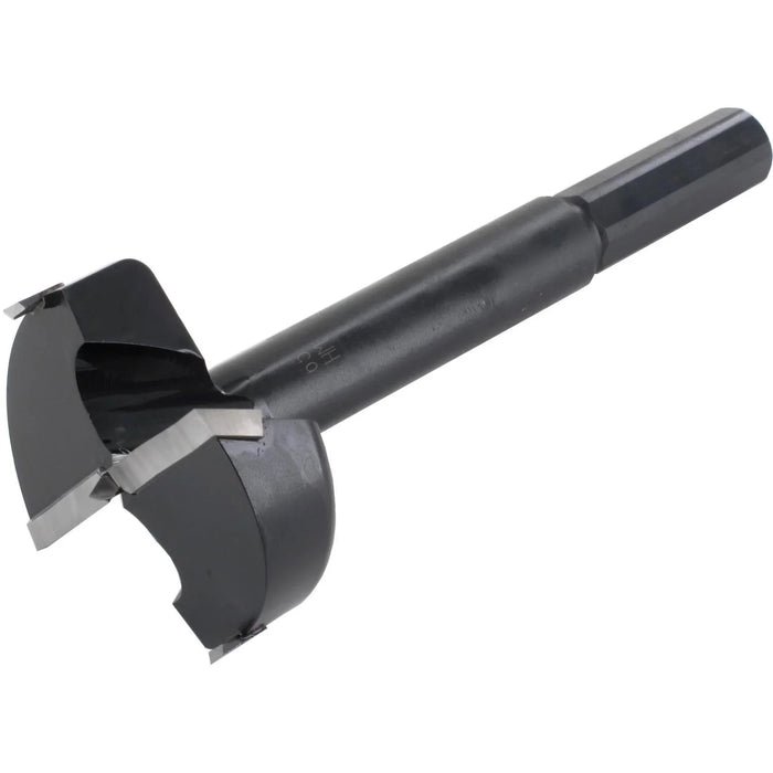Black drill bit on a white background
