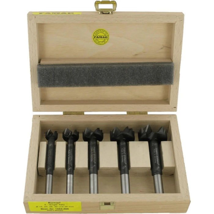 Set of 5 black Bormax HM tipped bits in a wooden box on a white background
