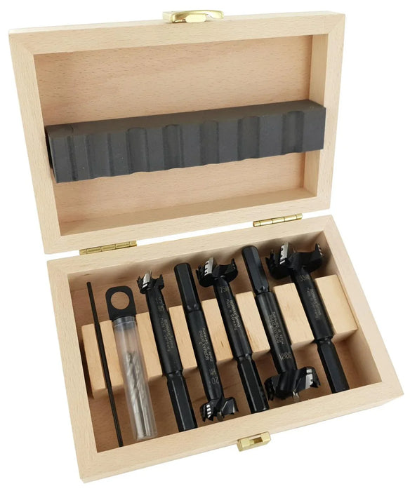 Set of 5 countersinks in a wooden box on a white background