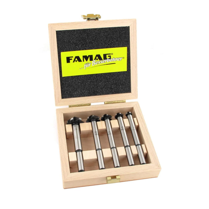 Set of 5 countersinks in a wooden box with FAMAG branding on a white background