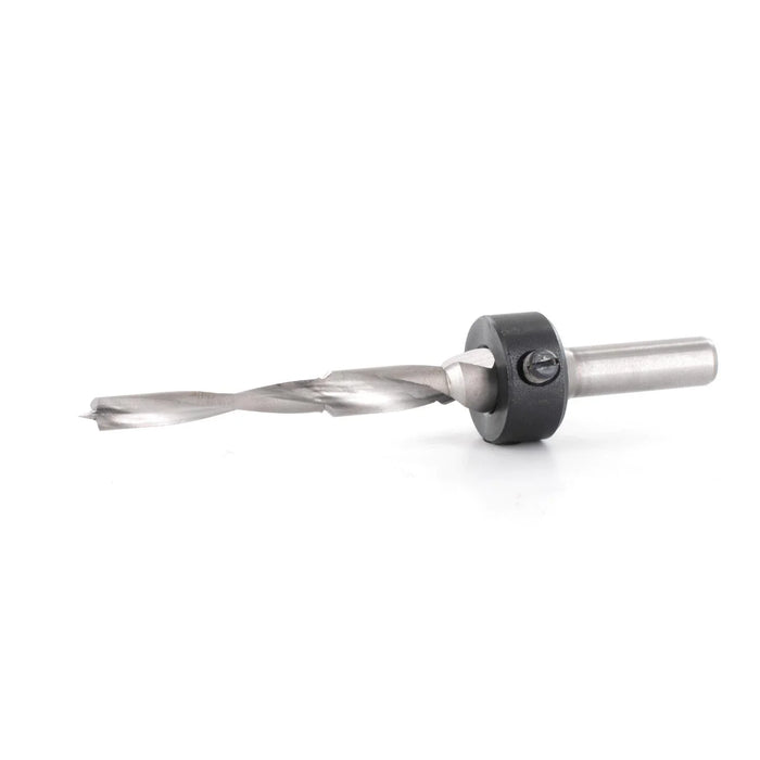 metal Drill bit fitted with a black depth adjuster on a white background