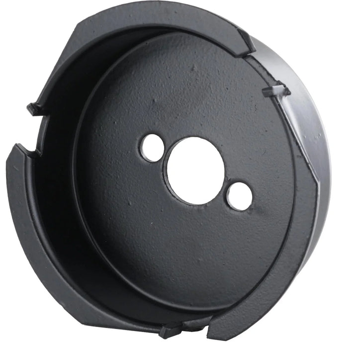 Black metal circular hole edge countersink on a white background