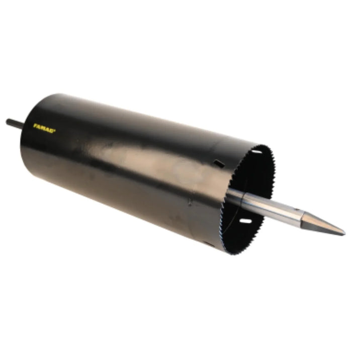 Black metal hole saw with a pointed guide pin on a white background