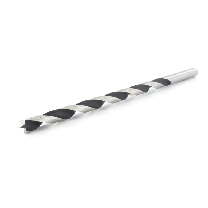 Drill bit with black and silver spiral pattern on a white background