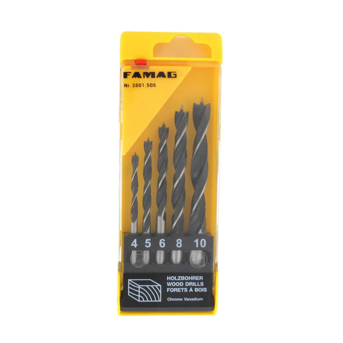 Set of 5 drill bits in a yellow Famab plastic case on a white background