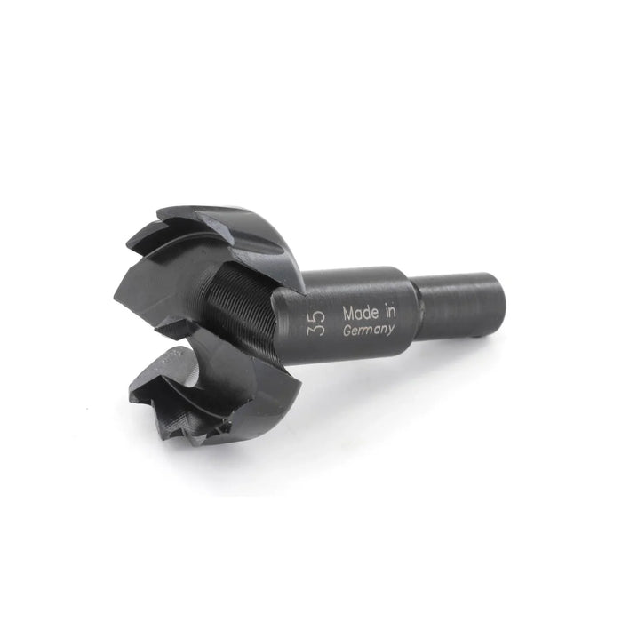 Black metal drill bit with 'Made in Germany' text on a white background