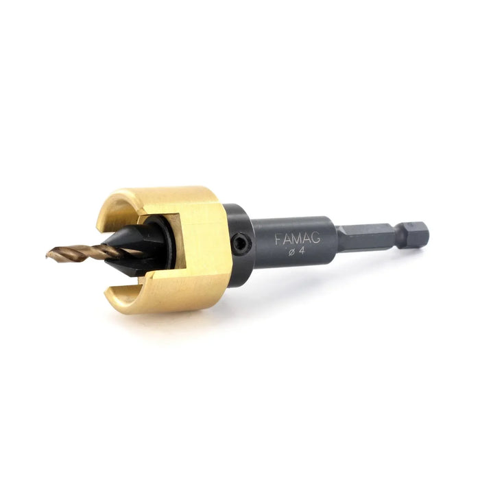 Gold colored depth stop on a drill bit on a white background