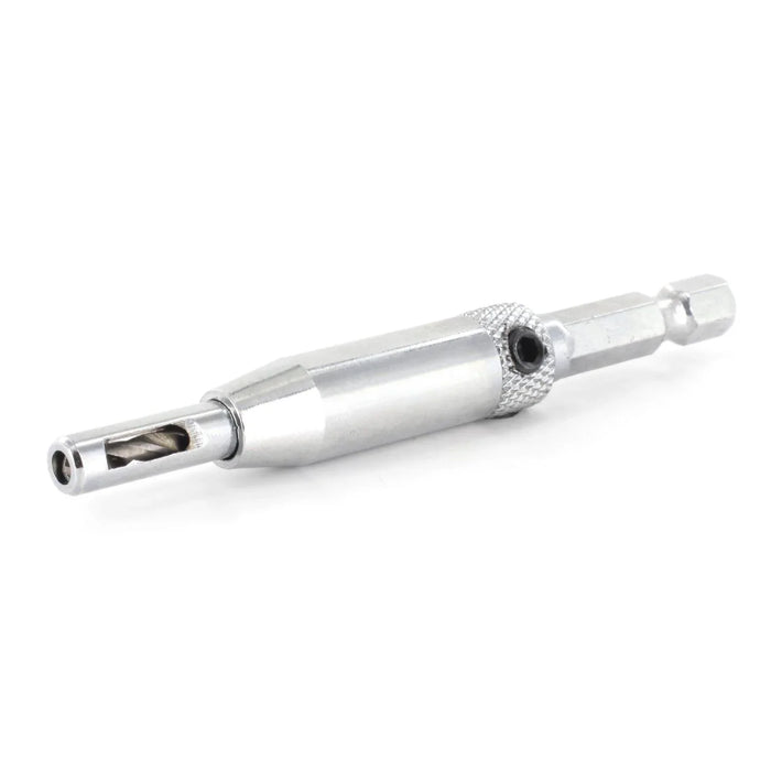 Metallic self centring hinge hole drill on a white background