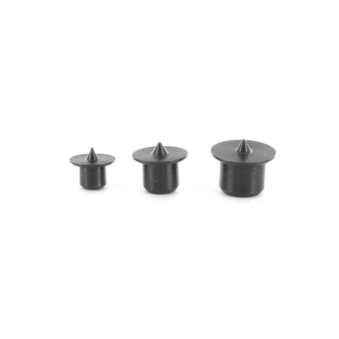 Three different sized black metal dowel markers with conical ends on a white background