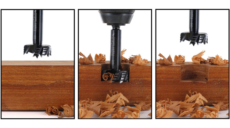Woodworking tool in action on a wooden surface with visible wood shavings.