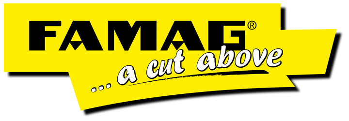 yelow background Famag logo with "a cut above" tagline