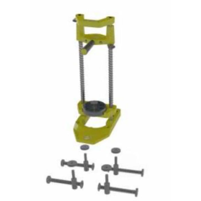 Yellow drill stand with 4 clamps on a white background