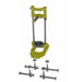 Yellow drill stand with 4 clamps on a white background