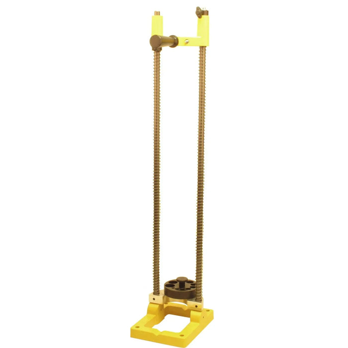 Yellow  drill standaextended to maximum height on a white background