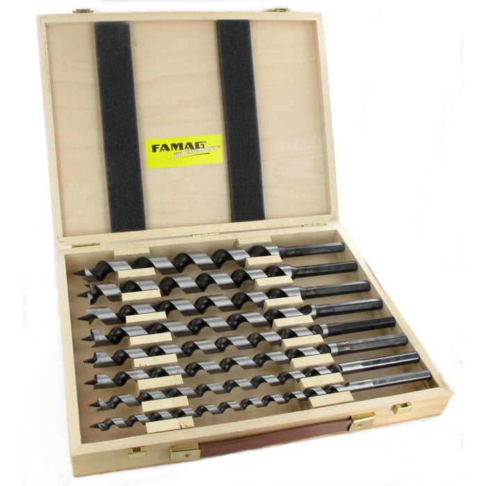 Set of 8 Auger bits in a wooden case with FAMAC branding.