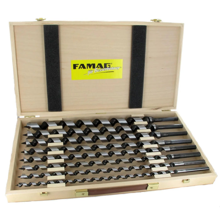 Set of 8 Auger bits in a wooden case with FAMAG logo on the box lid on a white background