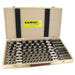 Set of 8 Auger bits in a wooden case with FAMAG logo on the box lid on a white background