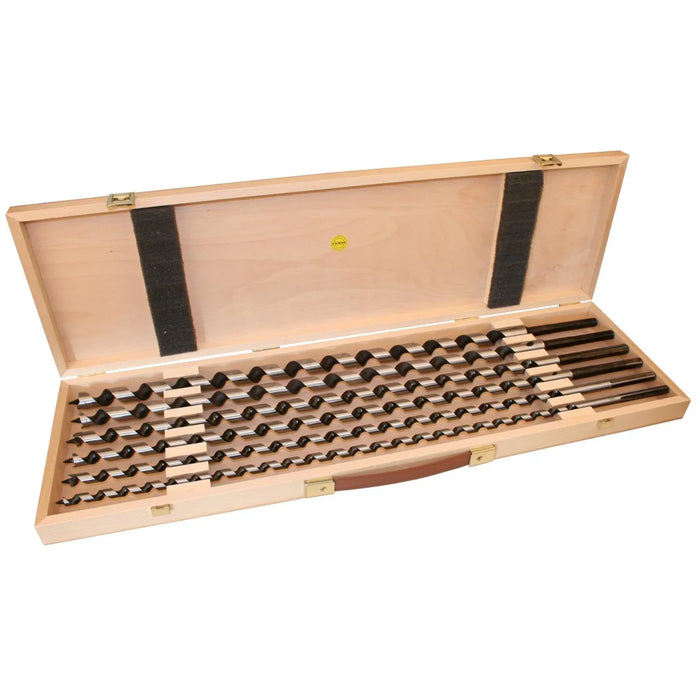 Set of 6 Auger bits in a wooden case on a white background