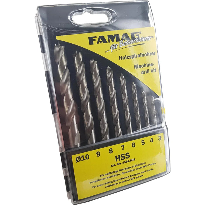 Set of 8 drill bits in plastic case with FAMAG branding on a white background