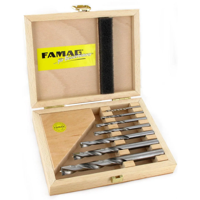 Set of 7 drill bits in a wooden box with FAMAG branding.