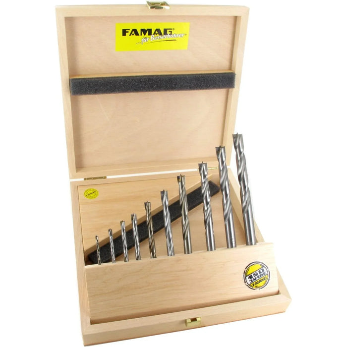 Set of 10 drill bits in a wooden box with FAMAG branding.