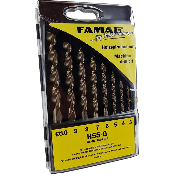 Packaged set of 8 drill bits in plastic cas with FAMAF branding on a white background