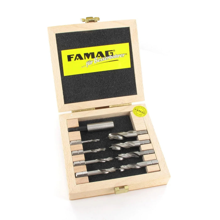 Set of 8 drill bits and a bit holder in a wooden box with FAMAG branding on a white background