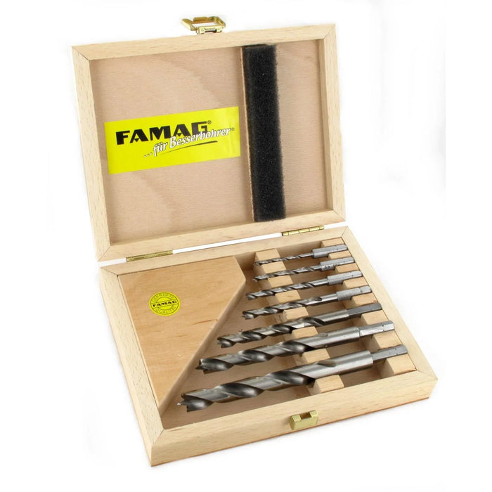 Set of 7 drill bits in a wooden box with FAMAG branding.