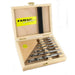 Set of 7 drill bits in a wooden box with FAMAG branding.