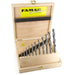 Set of 11 drill bits in a wooden box with FAMAG branding.