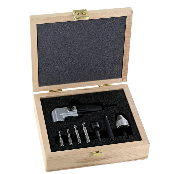 Wooden tool kit with a black interior, containing a tool and multiple drill bits.