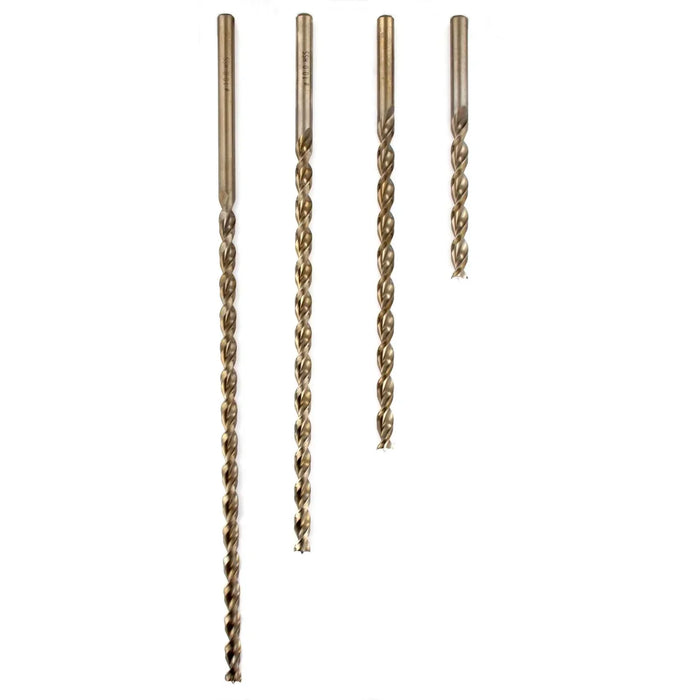 Set of four drill bits of varying lengths on a white background